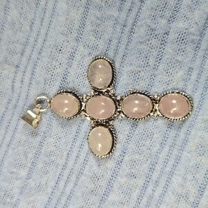 Silver Cross Pendant Necklace with Pink Rose Quartz Stones